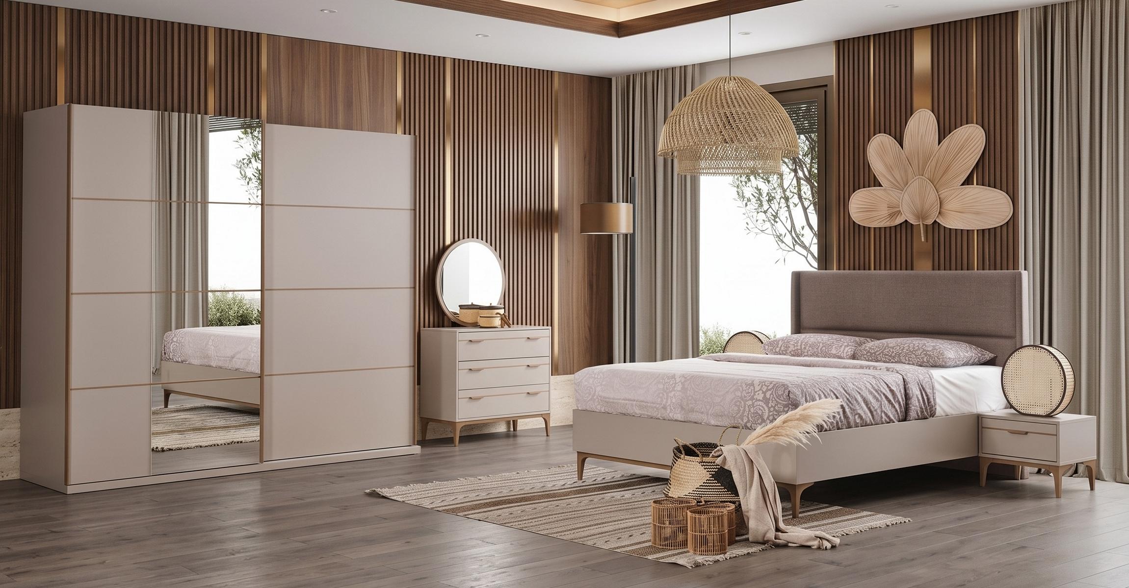 Beiges Schlafzimmer-Set Bettrahmen Kopfteil Kleiderschrank Schminktisch