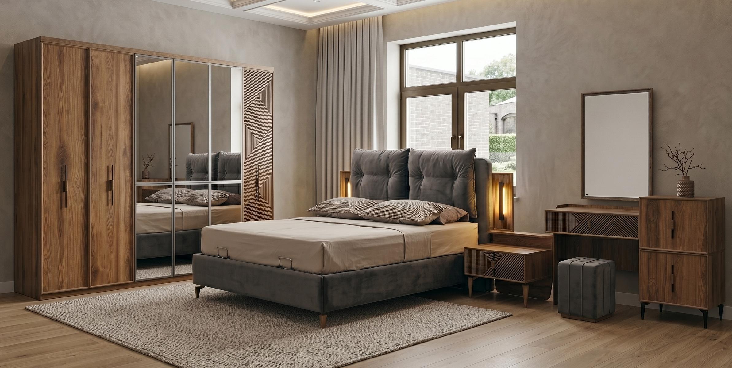 Braunes Schlafzimmer-Set Bettrahmen Kopfteil Kleiderschrank Schminktisch