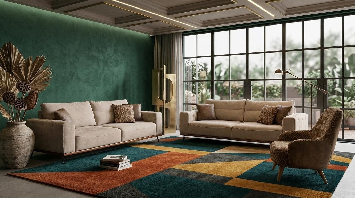 Beige 3 Sitzer Sofa Set 3+3+1 Modernes Lounge Polstermobel