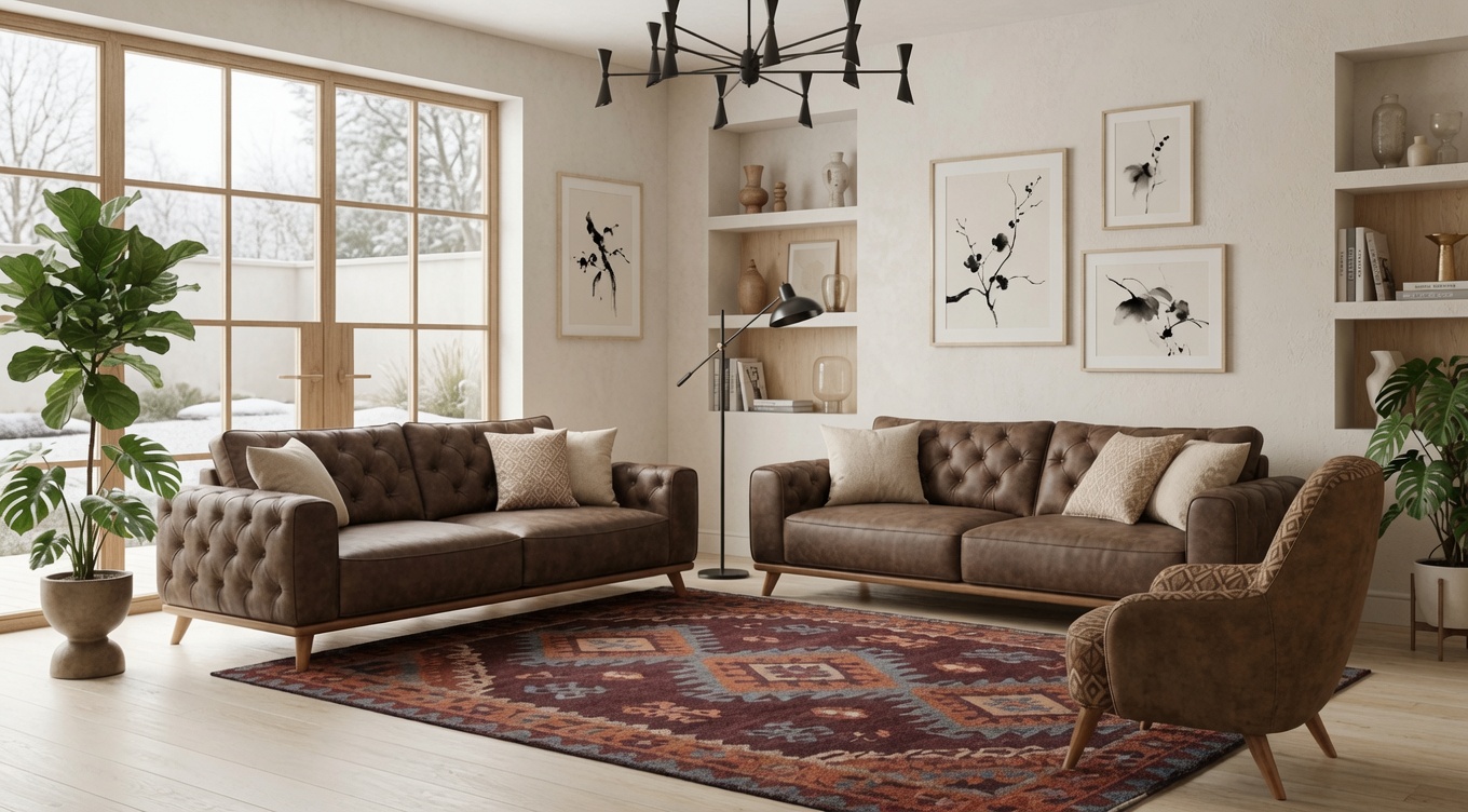 Elegantes Braun 3+3+1 Polstermobel Set Lounge Sessel Chesterfield Optik