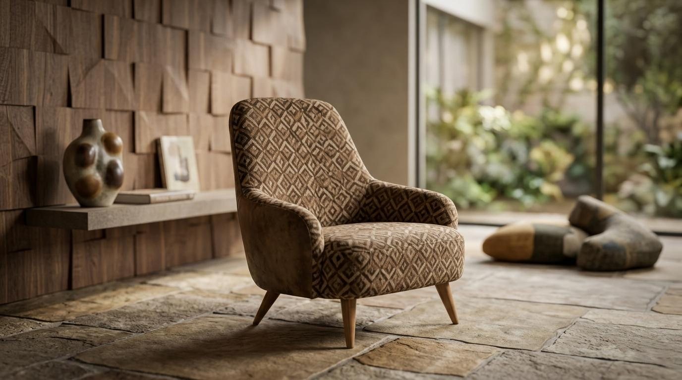 Gemusterter Designer Sessel Braun Beige Modern Holzfuße Wohnzimmer Sessel