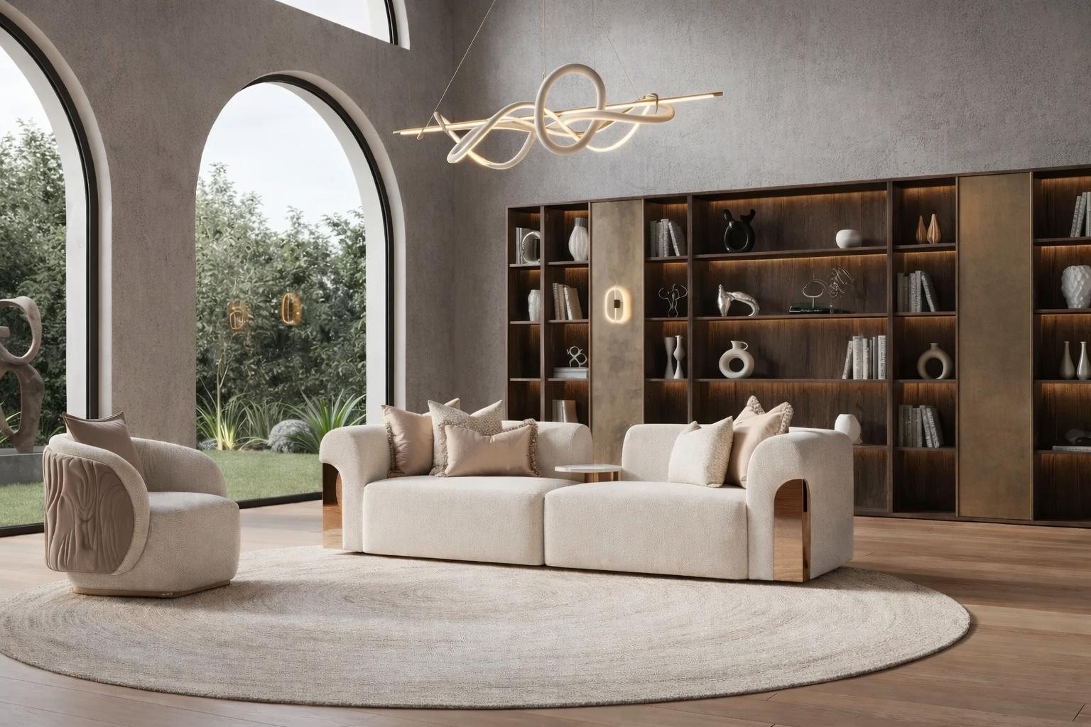 Beiges Designer 3 Sitzer Sofa mit Lounge Sessel Rund Form Gold Details