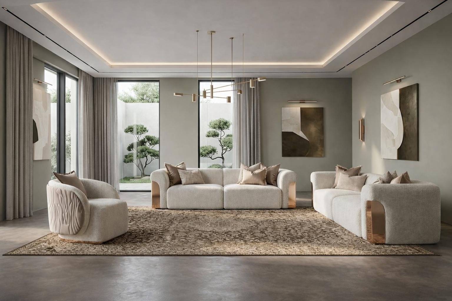 Modernes Wohnzimmer Polster Set Beige Curved Form mit Sessel