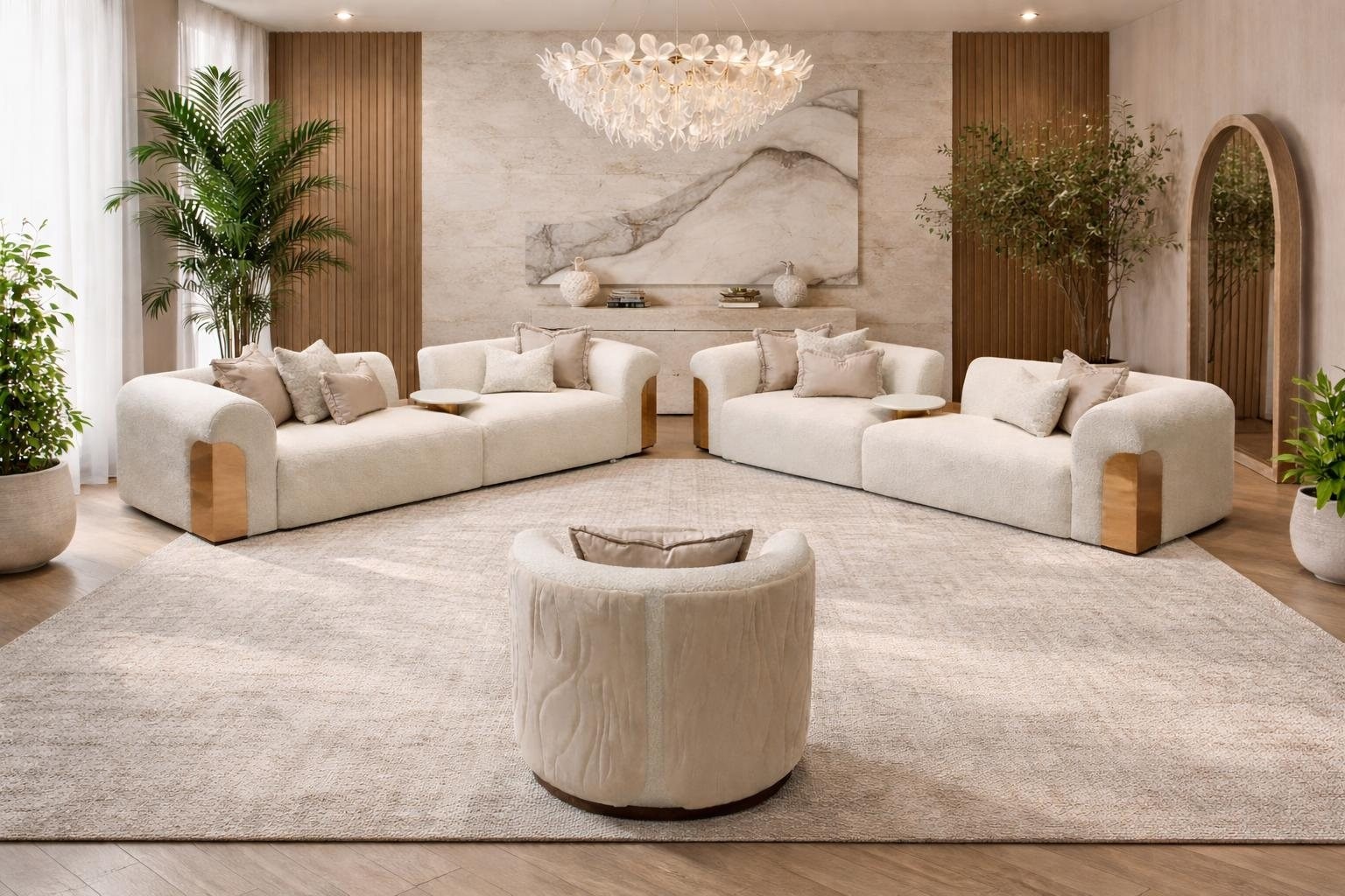 Luxus Wohnzimmer Sofa Set Beige Modular Curved mit Rundem Lounge Sessel