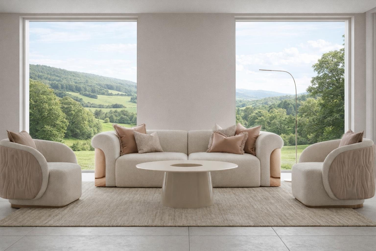 Modernes 3 Sitzer Sofa Set Beige Curved Form mit Zwei Sesseln