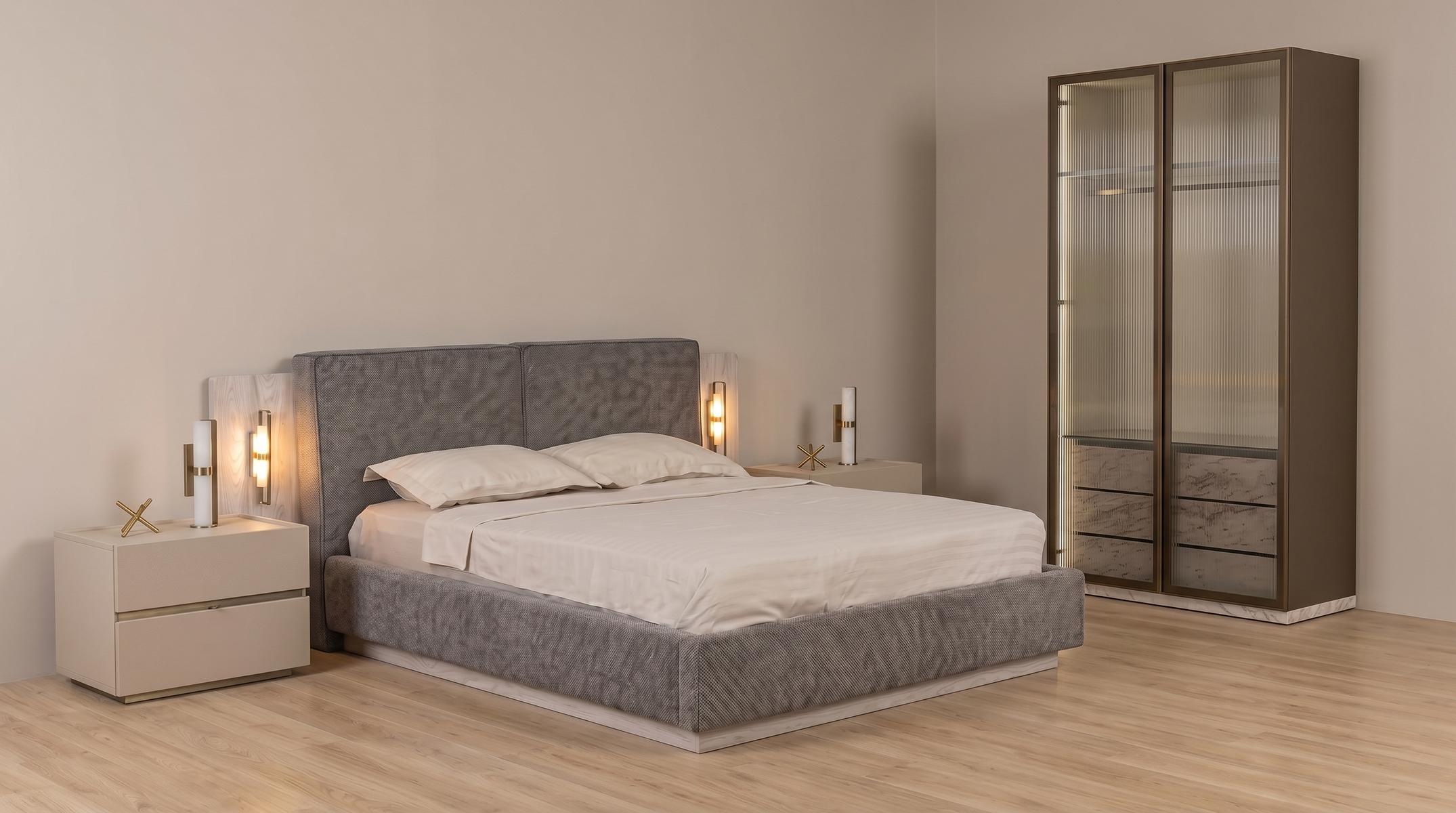Modern Schlafzimmer Set Grau Bett 2 Nachttische Schrank System Luxus