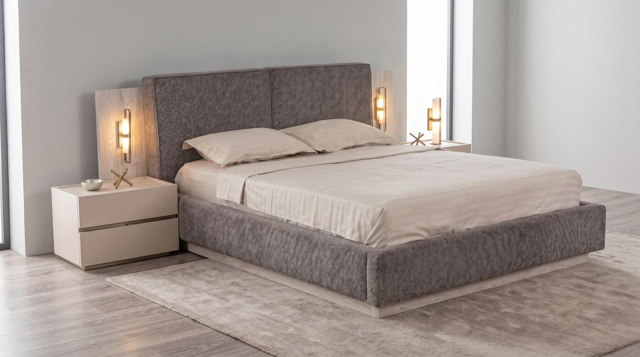 Schlafzimmer Set Modernes Grau Doppelbett  Nachttische(2x) Stoff Bett
