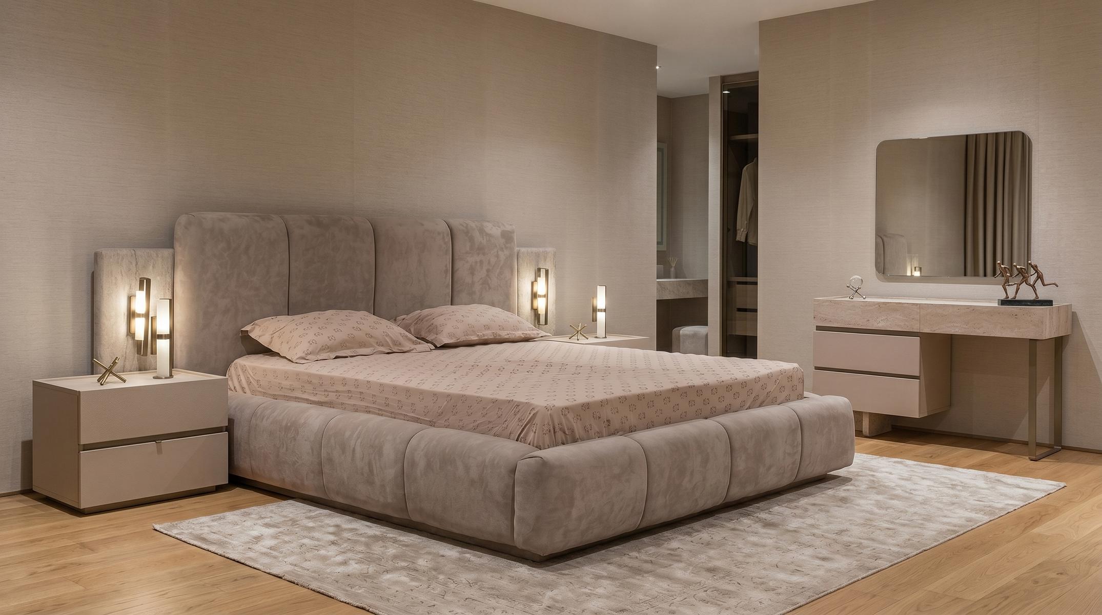 Schlafzimmer Set Modernes Beige Stauraumbett Stoff Bett Luxus Design