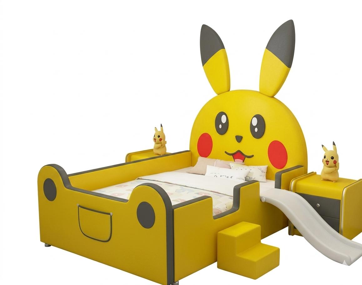 Gelbes Pikachu-Kinderbett mit Rutsche und Treppe multifunktional