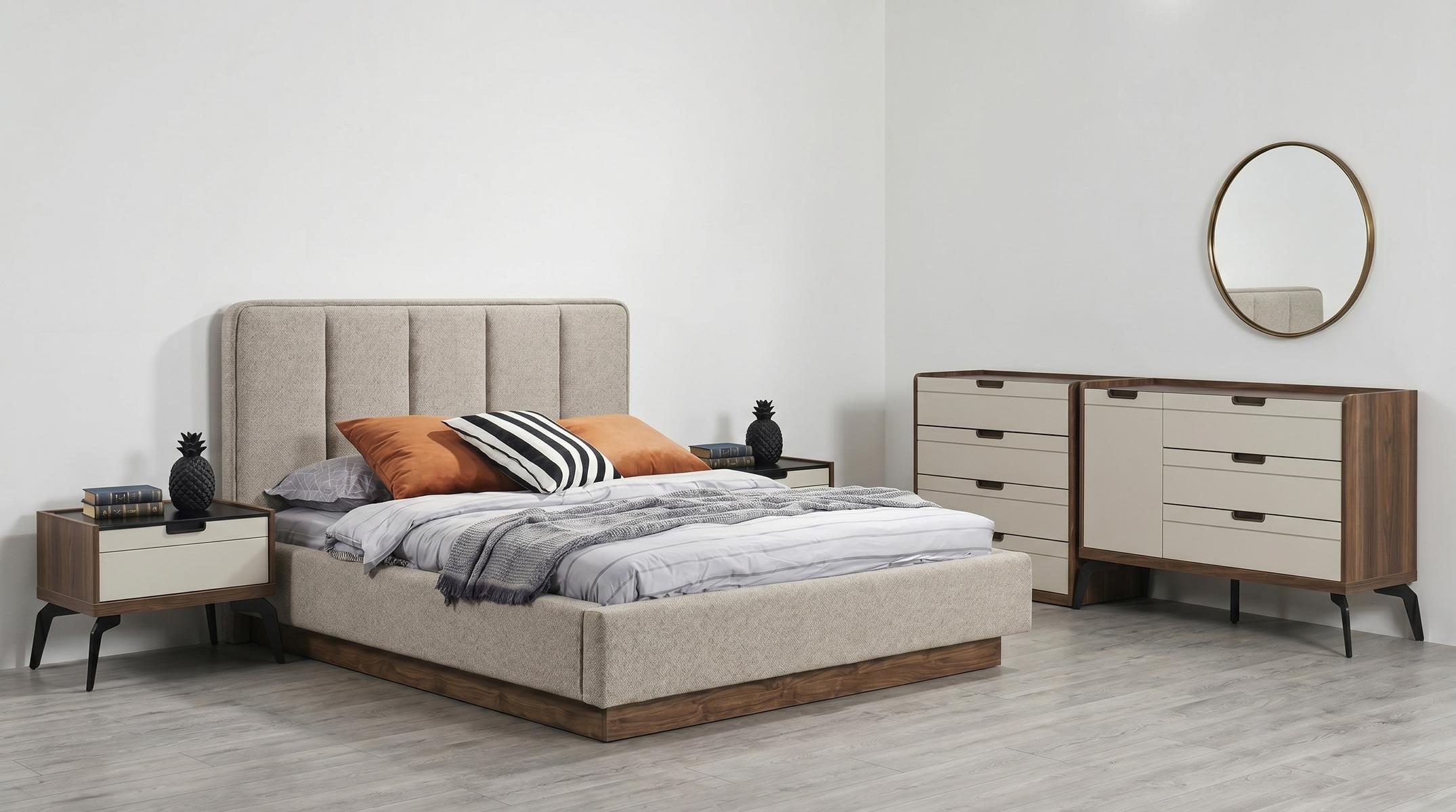 Schlafzimmer Set Modern Bett Nachttische(2x) Kommode Spiegel Holz Design