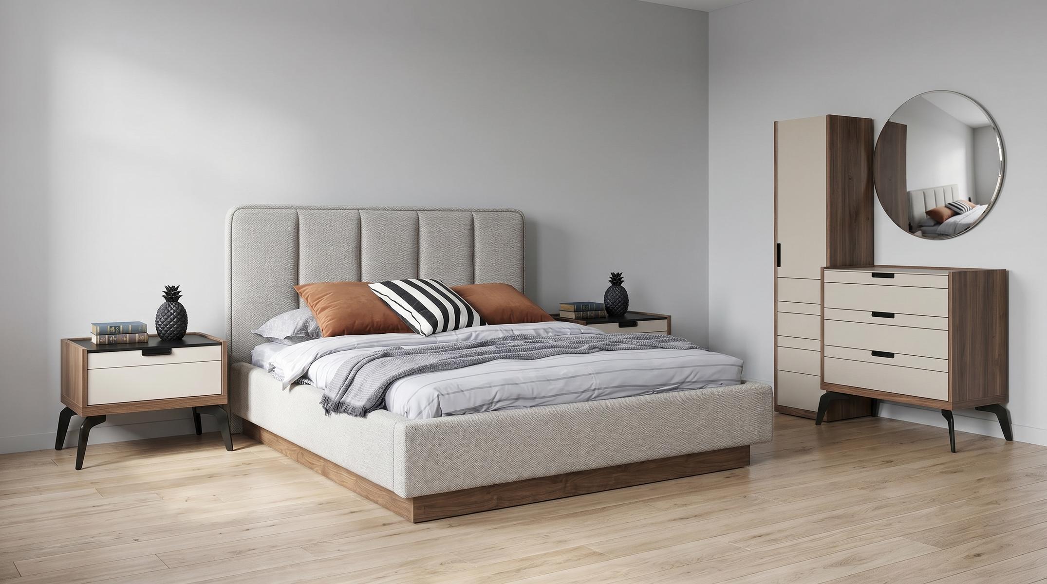 Schlafzimmer Set Modern Bett Nachttische(2x) Kommode Spiegel Holz Design