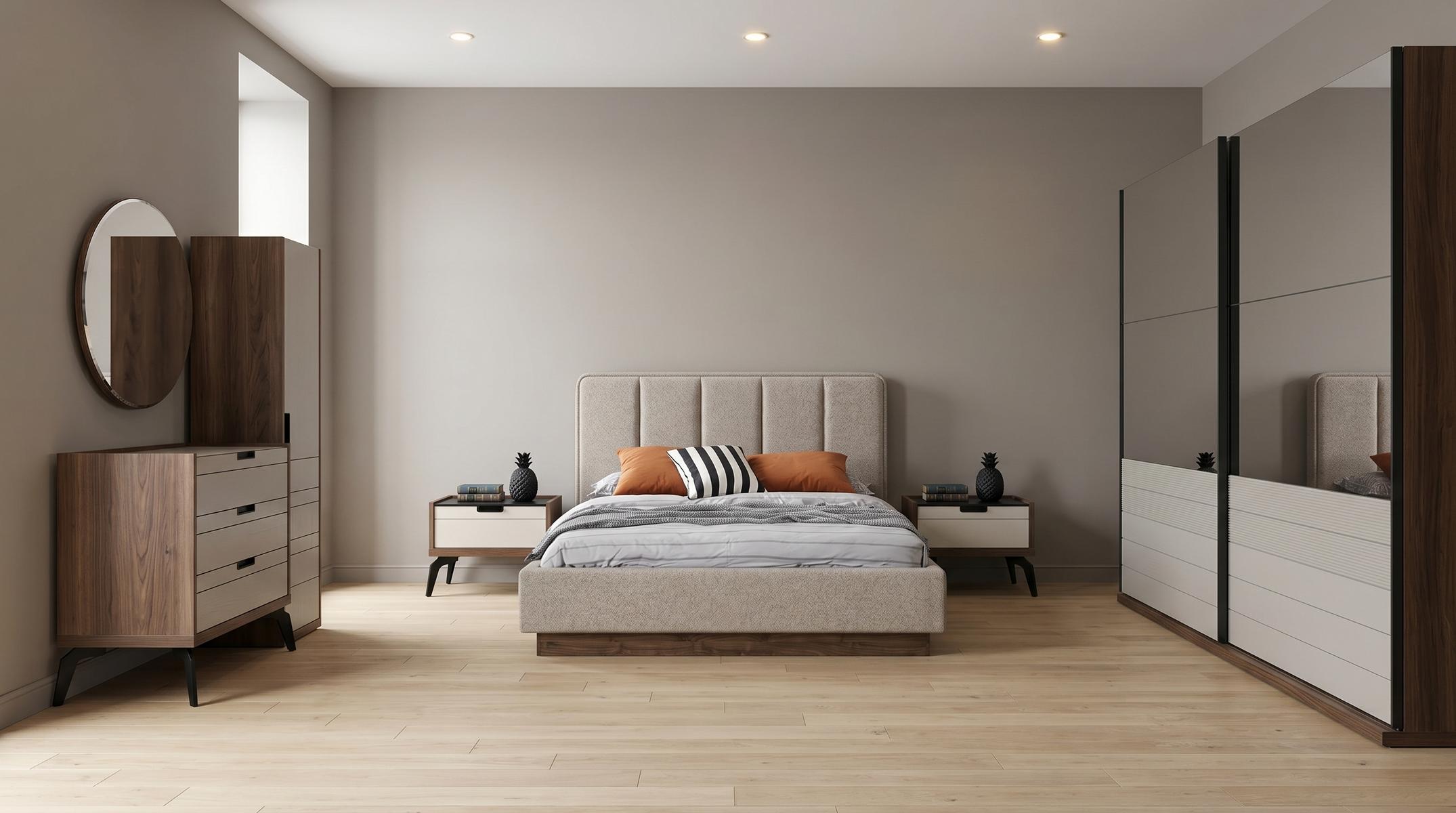 Schlafzimmer Set Modernes Doppelbett Nachttische(2x) Kommode mit Spiegel