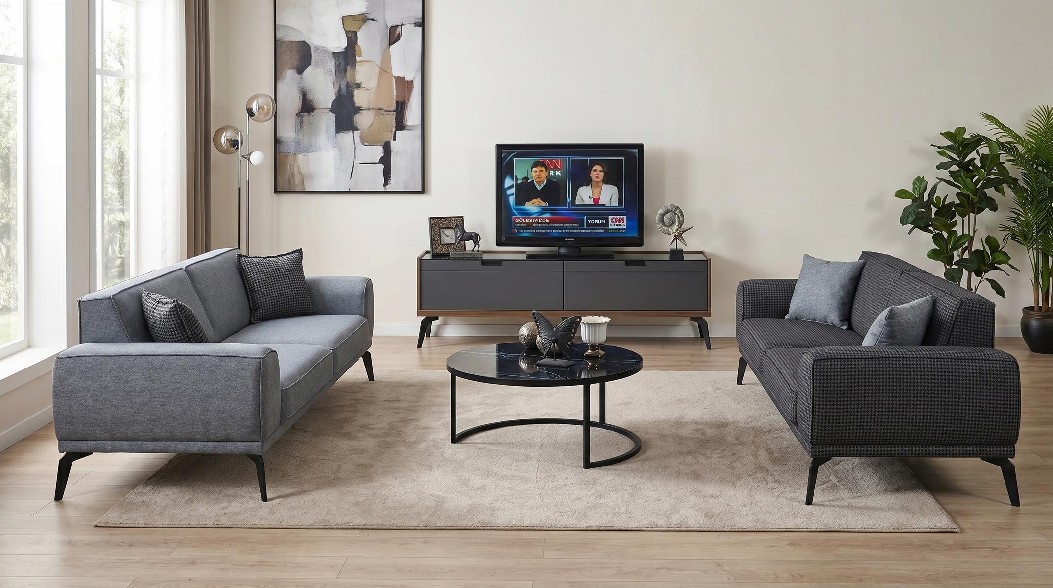 Wohnzimmer Set 3‑Sitzer Sofas(2x) Couchtisch TV-Möbel, Modern Grau