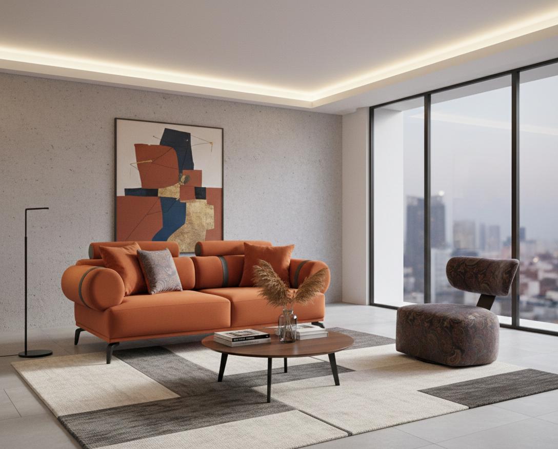 Modernes 3-Sitzer-Sofa in Orange mit runden Armlehnen