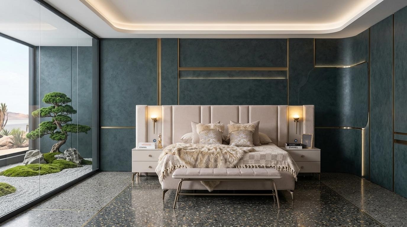 Bett 2x Nachttische Bank Schlafzimmer Stil modern beige komfortabel