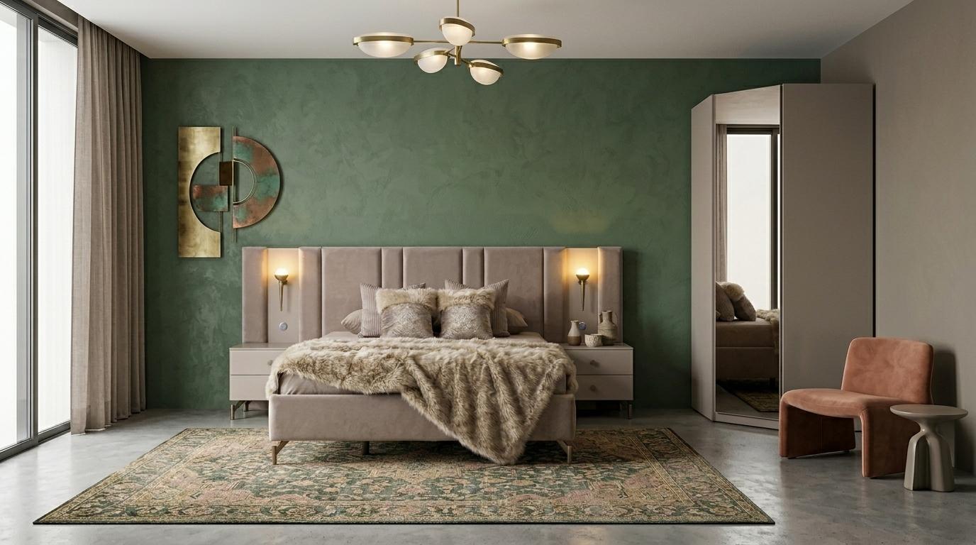 Bett 2x Nachttische Eckschrank Schlafzimmer modern beige komfortabel