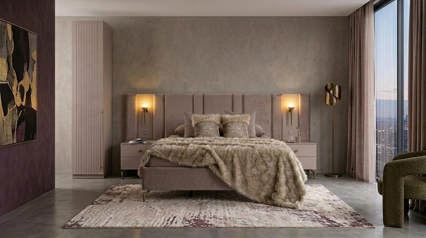 Bett 2x Nachttische Einzelschrank Schlafzimmer Stil modern beige bequem