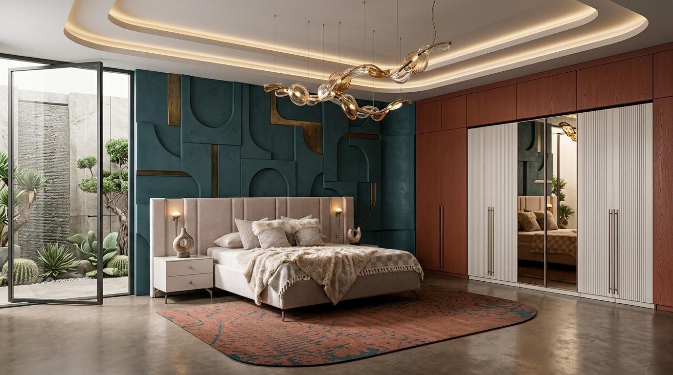 Bett 2x Nachttische Garderobenschrank Schlafzimmer Stil modern beige