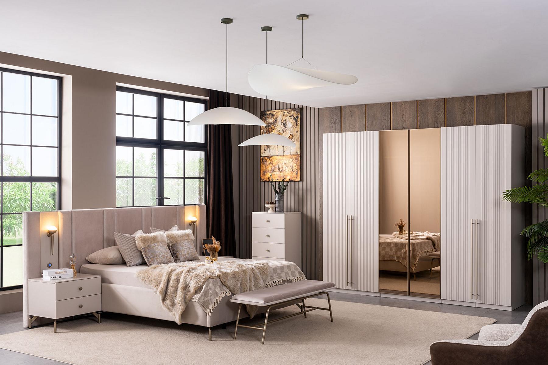 Bett Nachttische Bank Kommode Garderobenschrank Stil modern