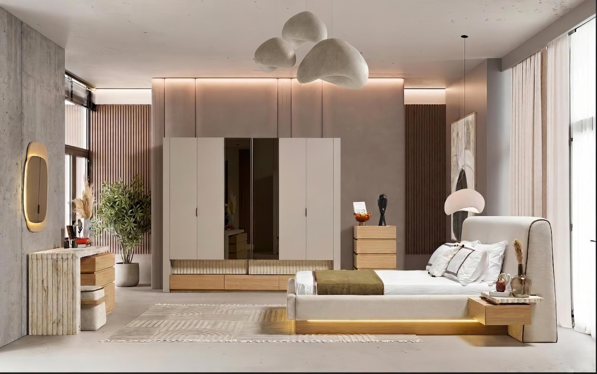 Schlafzimmer Set Bett Schrank Kommode Spiegel Hocker Modern Beige Edel