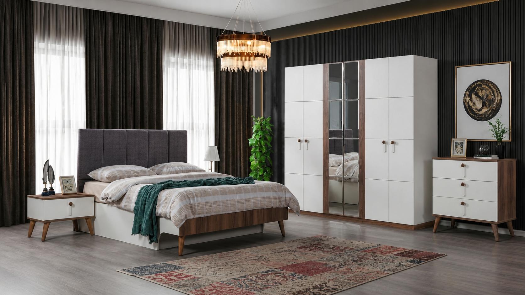 Schlafzimmer-Set Schrank Bett Kopfteil Kommode 2x Nachttische Modern
