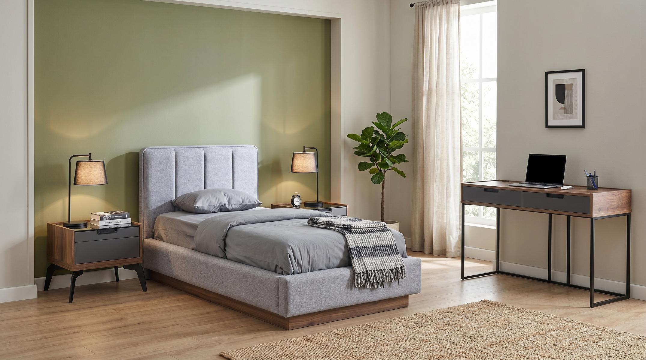 Stilvolles Schlafzimmer Set Bett 2 Nachttische Schreibtisch Loft Grau