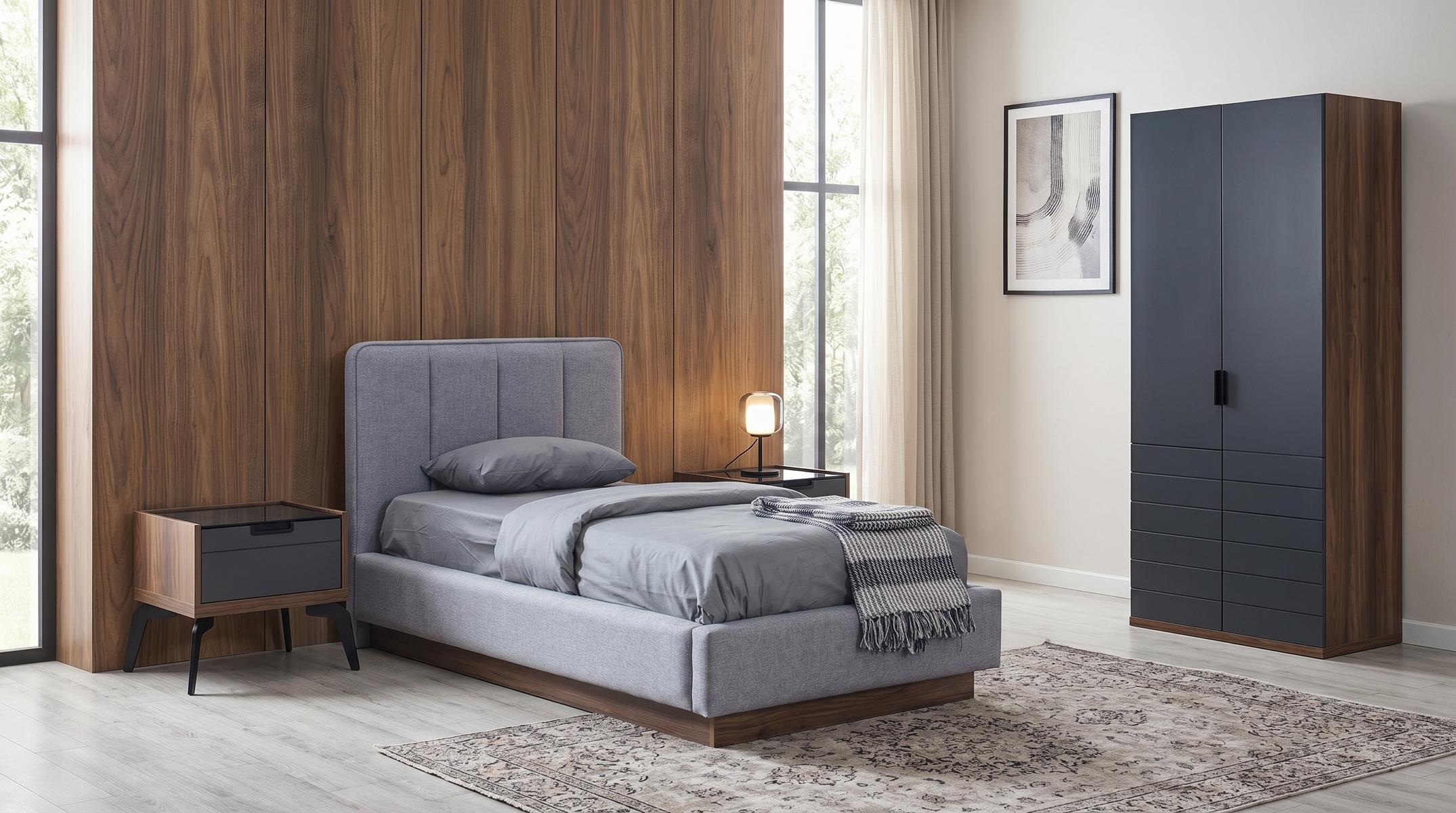 Stilvolles Schlafzimmer Set Bett 2 Nachttische Schrank Grau Modern