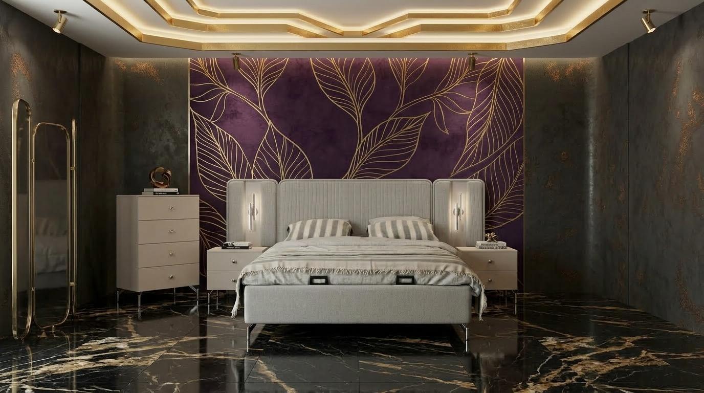 Bett 2x Nachttische Kommode Schlafzimmer Stil modern grau komfortabel