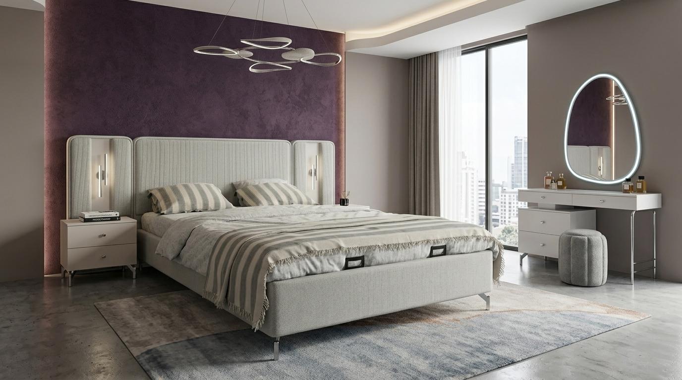 Bett Nachttische Schminktisch Spiegel Pouf Stil modern grau komfortabel