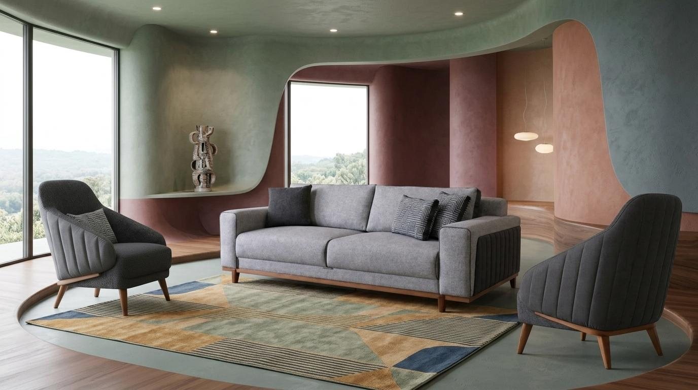 Komfort Sofa 3er mit 2 Armlehnsesseln Grau Modern Wohnzimmer