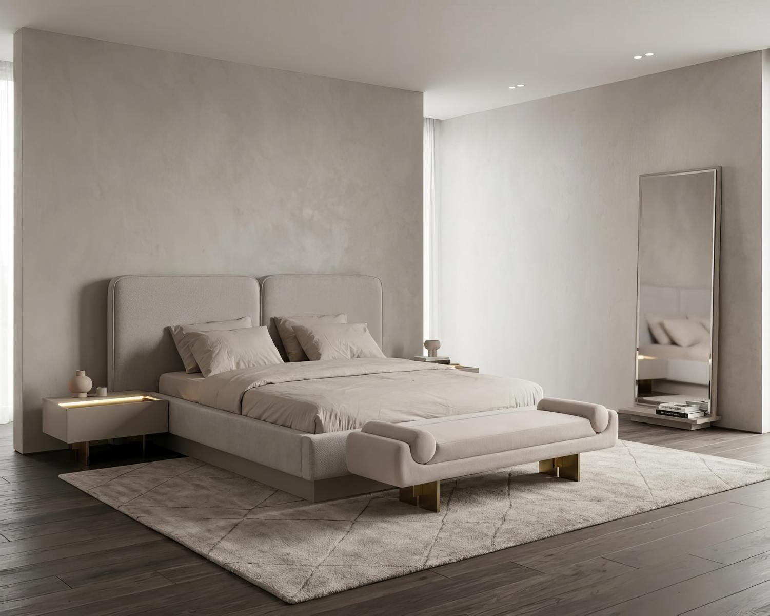 Schlafzimmer Set Bett Nachttisch Standspiegel Bank Modern Beige Edel