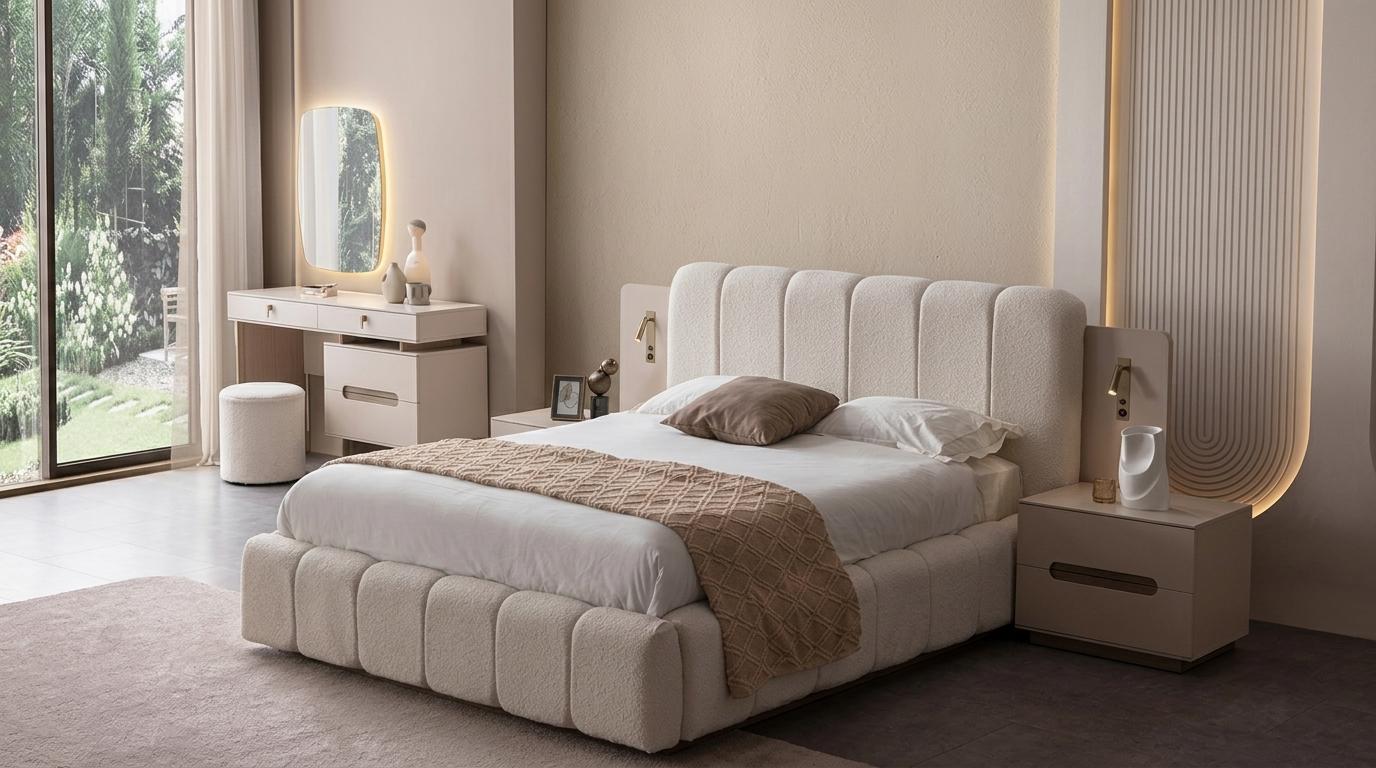 Schlafzimmer Set Bettgestell 2х Nachttische Kommode Spiegel Sitzhocker