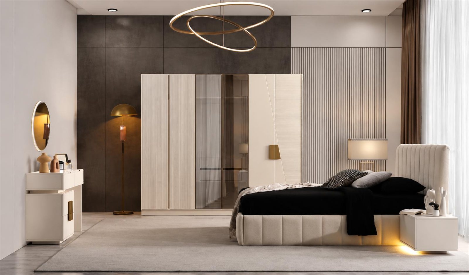 Schlafzimmer Set Polsterbett Kleiderschrank Kommode Nachttisch Spiegel