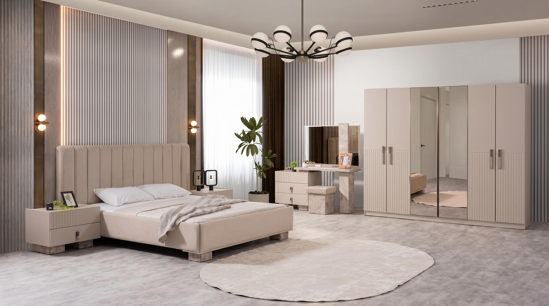 Beiges Schlafzimmer-Set Bett Kleiderschrank Frisiertisch 2 Nachttische modern