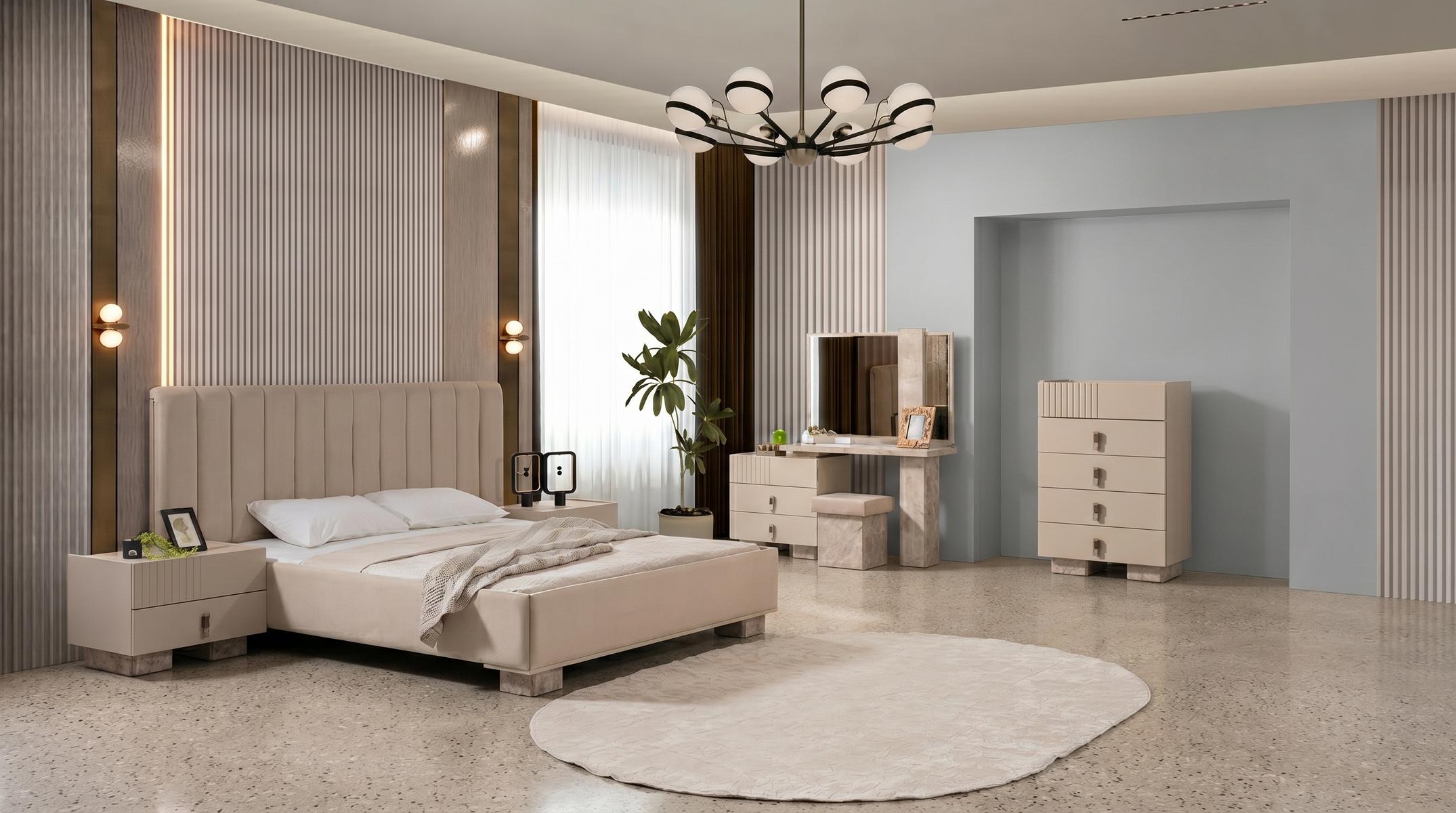 Modernes Schlafzimmer-Set in Beige Bett Kommode Schminktisch 2 х Nachttische