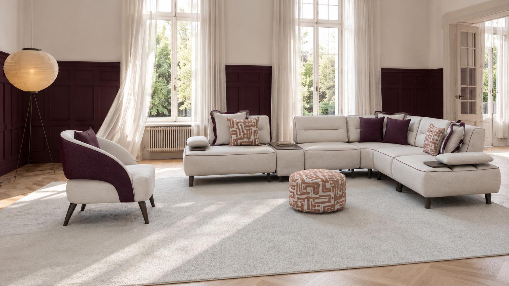 Wohnzimmer Set Ecksofa Sitzhocker Modern Weiß Zeitlos Anschmiegsam