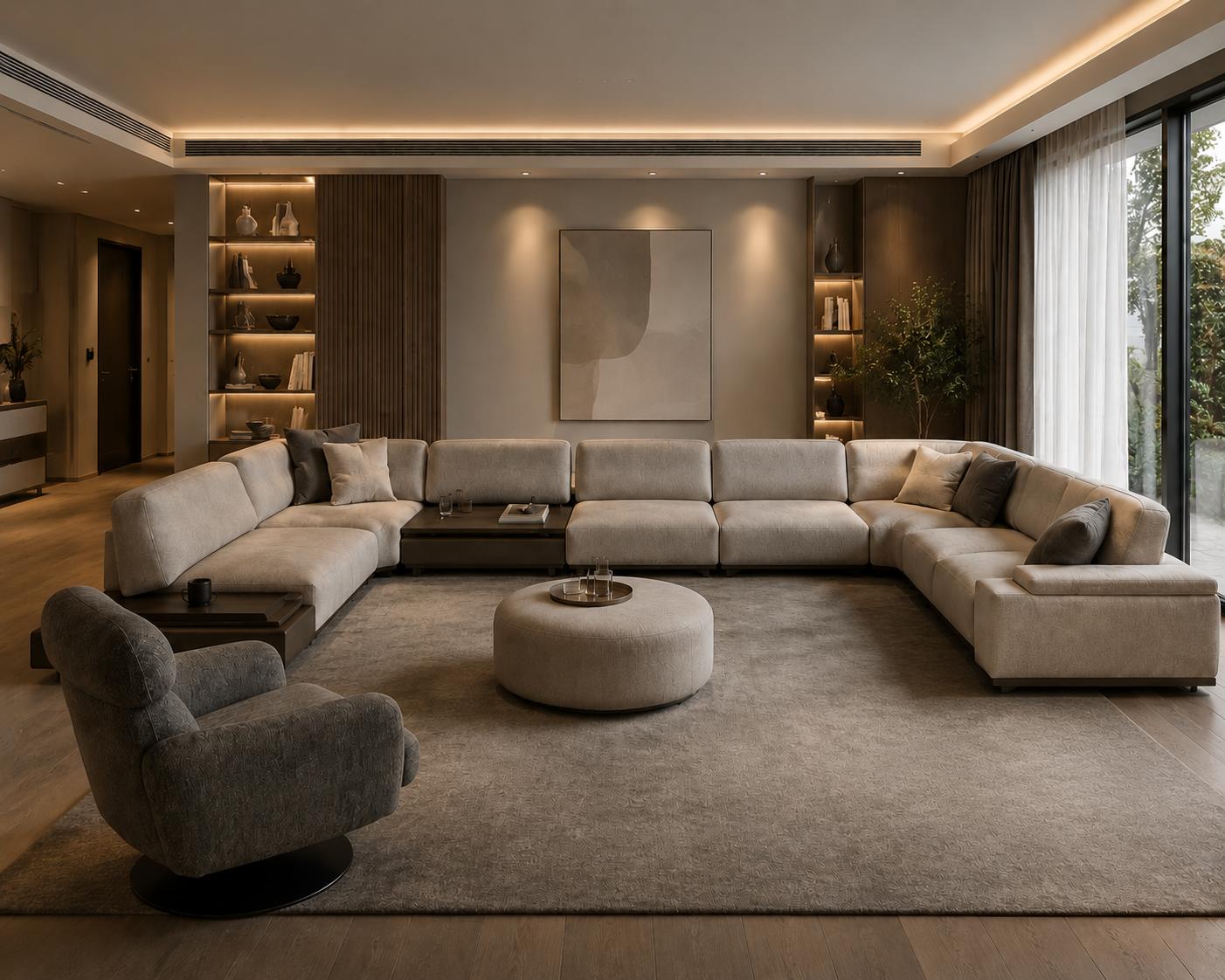 Eleganter Beiges Wohnzimmer Sofa Set Ecksofa Sessel Hocker 3tlg