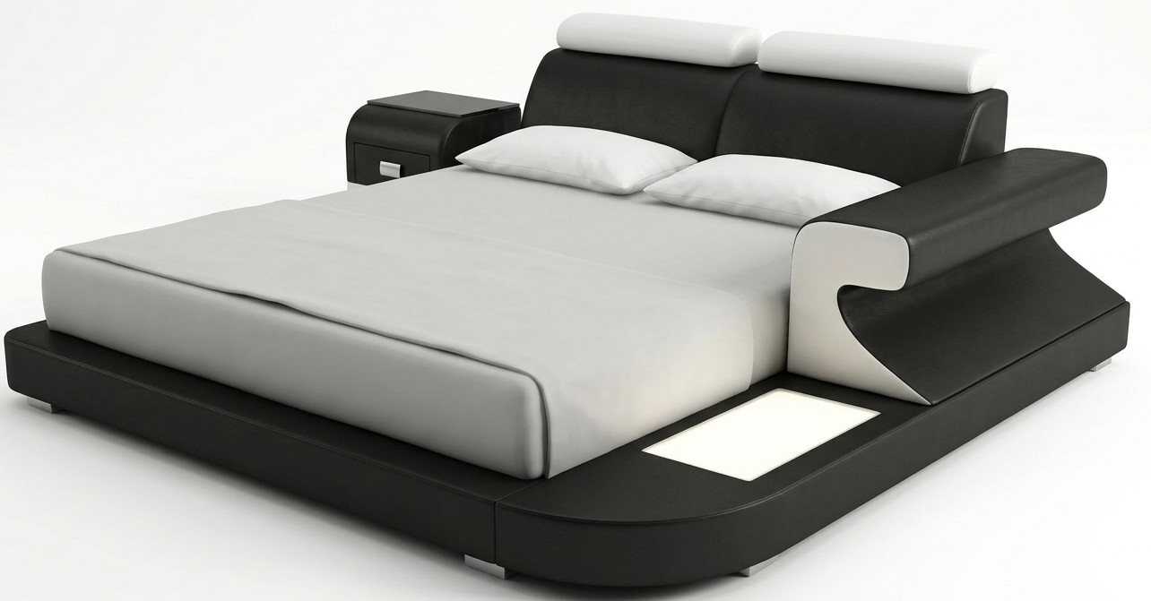Modernes Luxusbett mit LED Beleuchtung und Premium Nachttisch Set