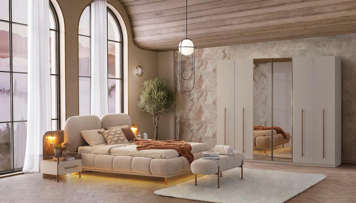 Schlafzimmer Set Bett Kleiderschrank Bettbank Modern Beige Elegant