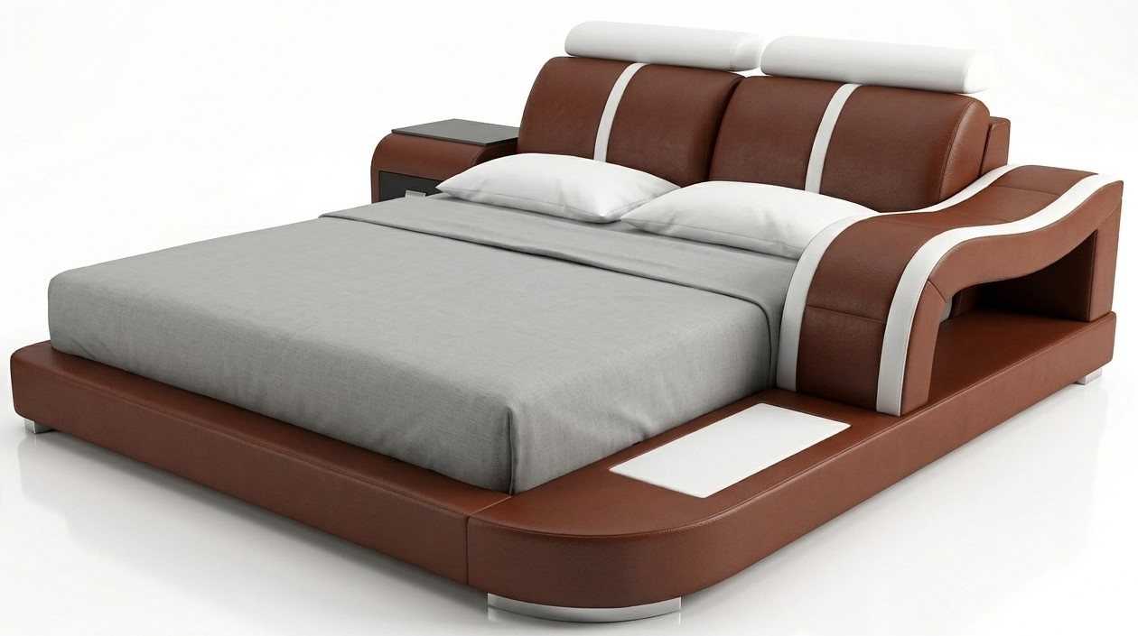 Designer Schlafzimmer Set Premium Bett mit Nachttisch und LED Licht