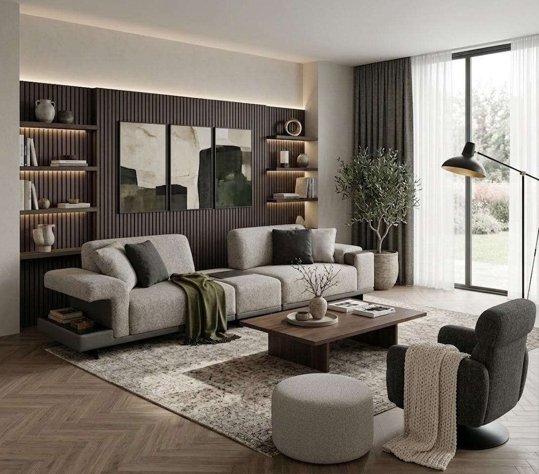 Elegantes Wohnzimmer Set mit 3+1 Sitzern und passendem Hocker