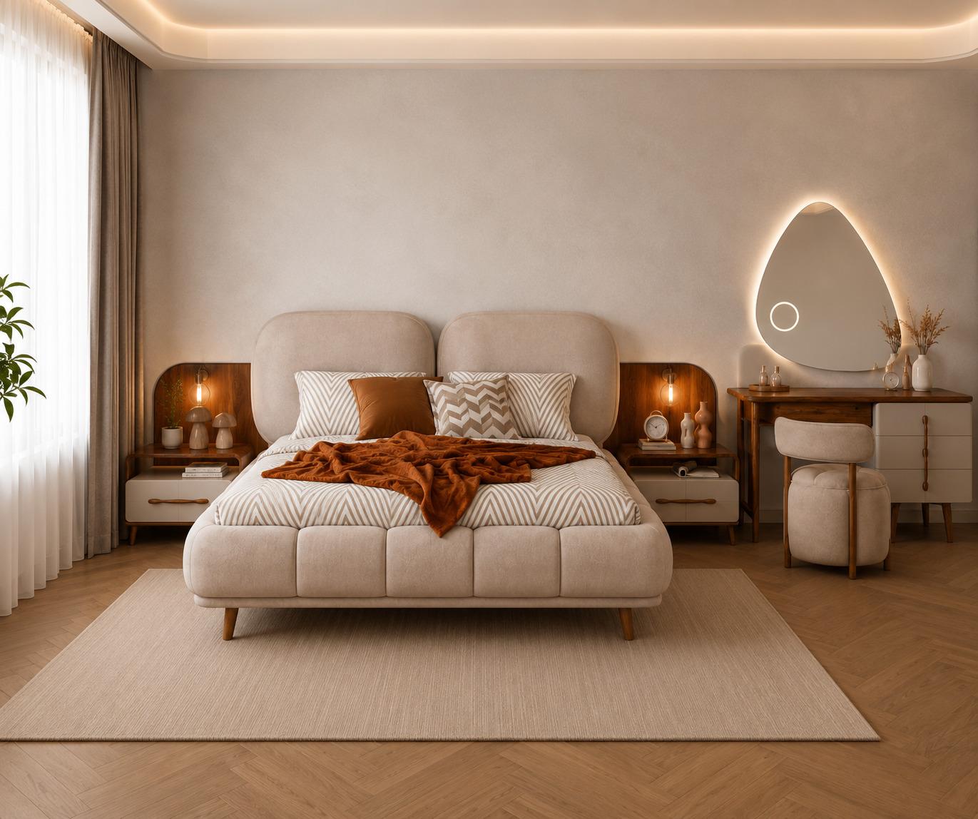 Schlafzimmer Set Bett Schminktisch Sitzhocker Modern Beige Universell