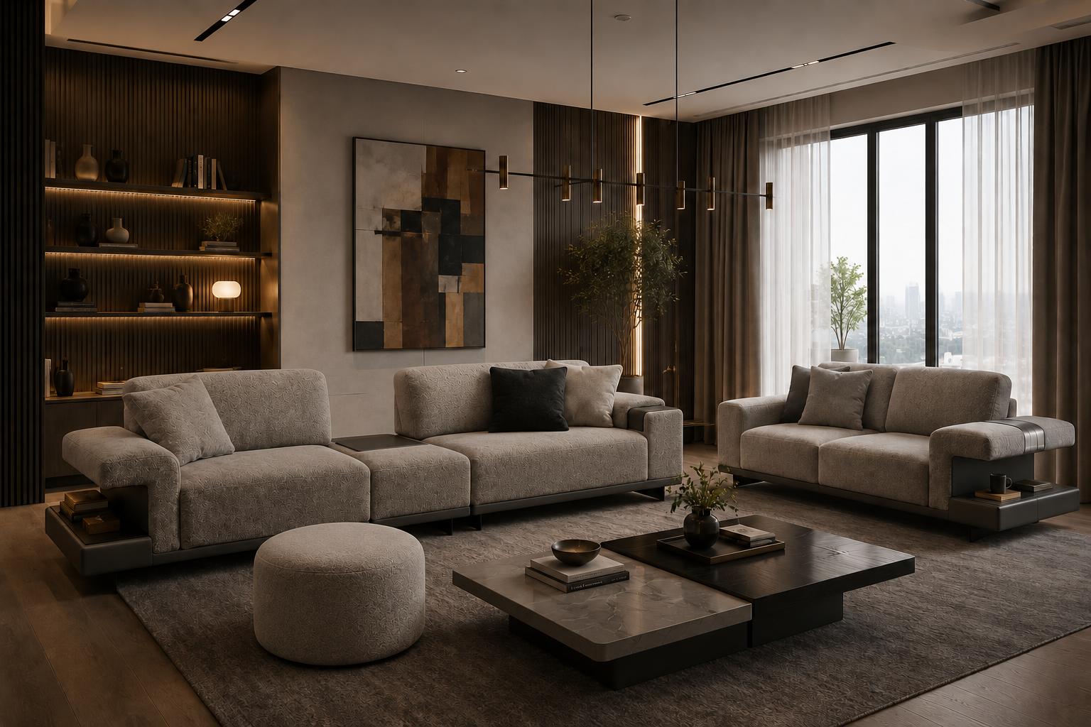 Modernes Wohnzimmer-Set: 3+3-Sitzer mit Sitzhocker