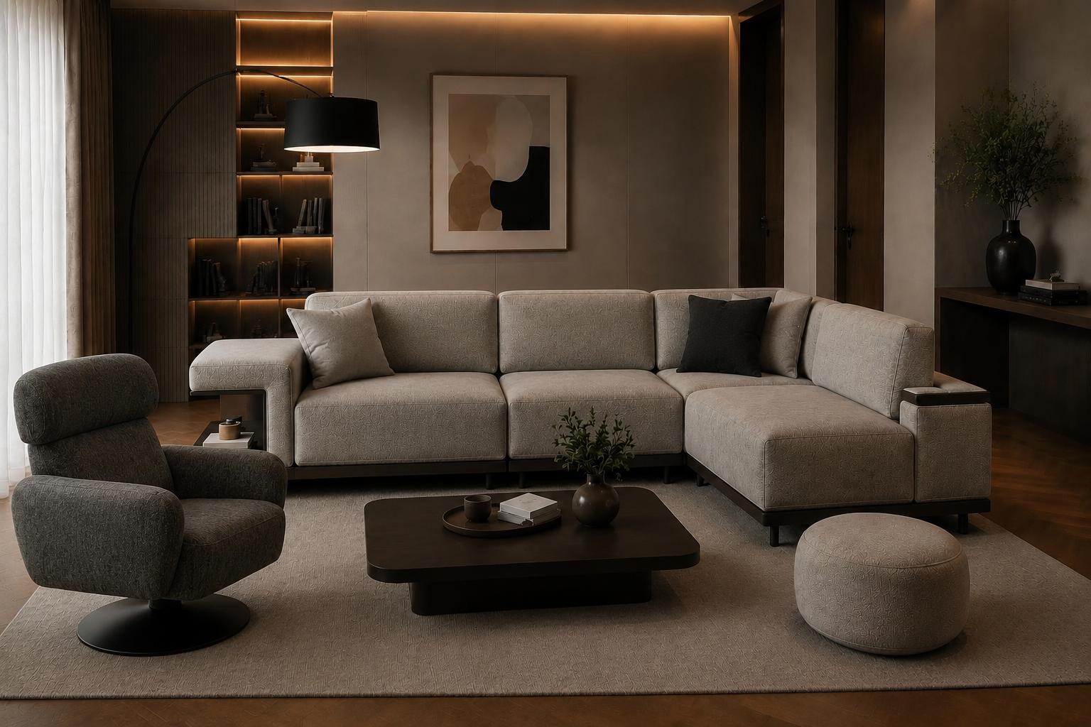 Komfortables Wohnzimmer Set mit Ecksofa, Sessel und Hocker
