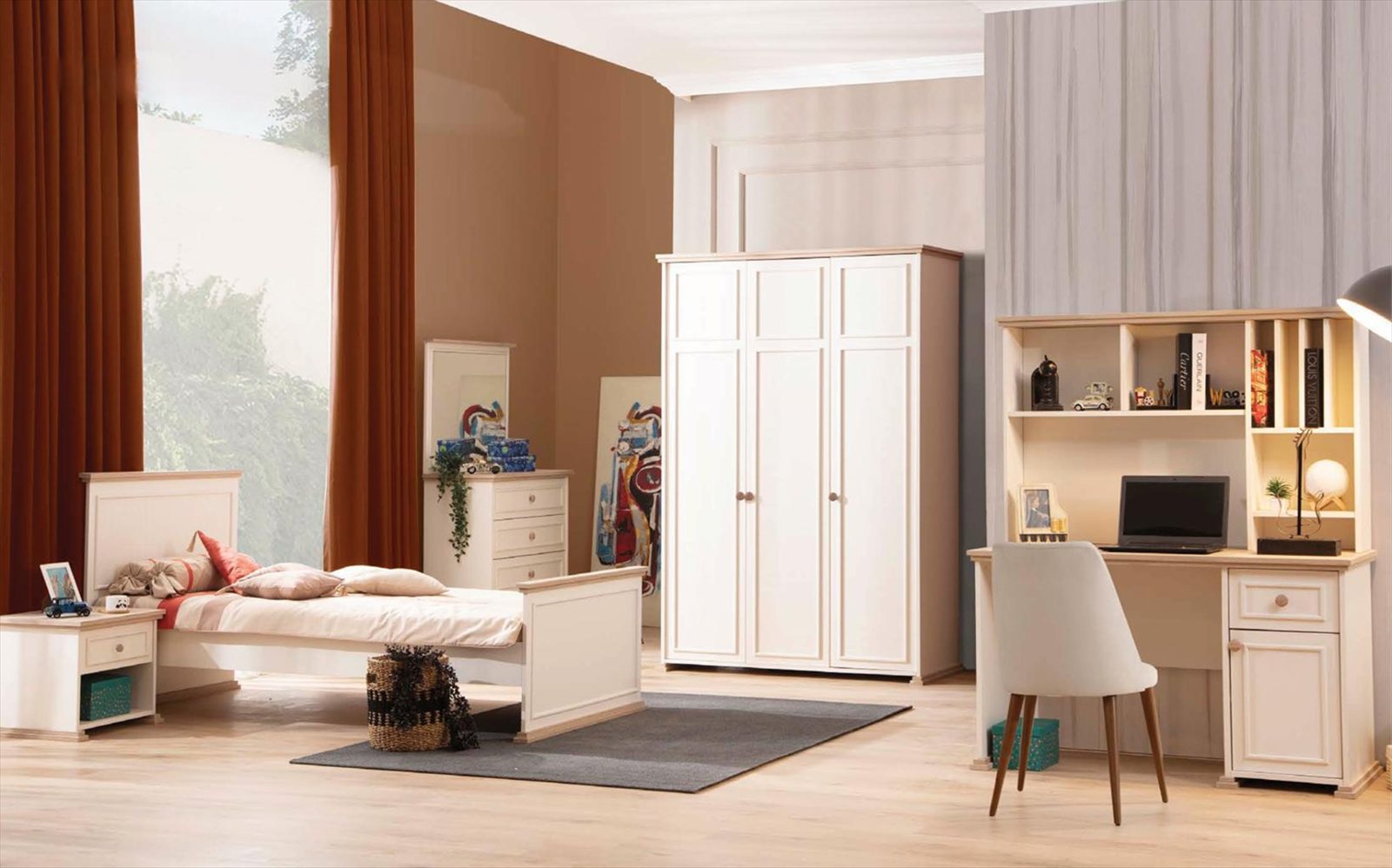Bett Nachttisch Schreibtisch Kleiderschrank Kommode Spiegel Beige