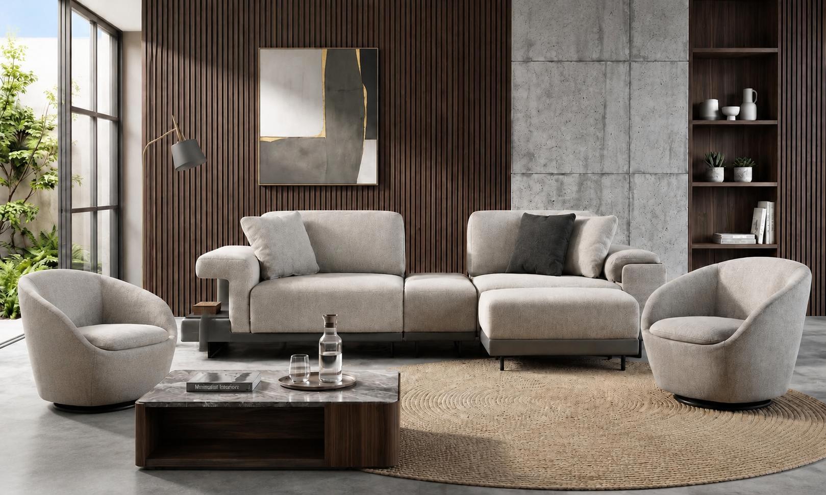 Stilvolles Wohnzimmer Set mit modularem 3-Sitzer und 2 Sesseln
