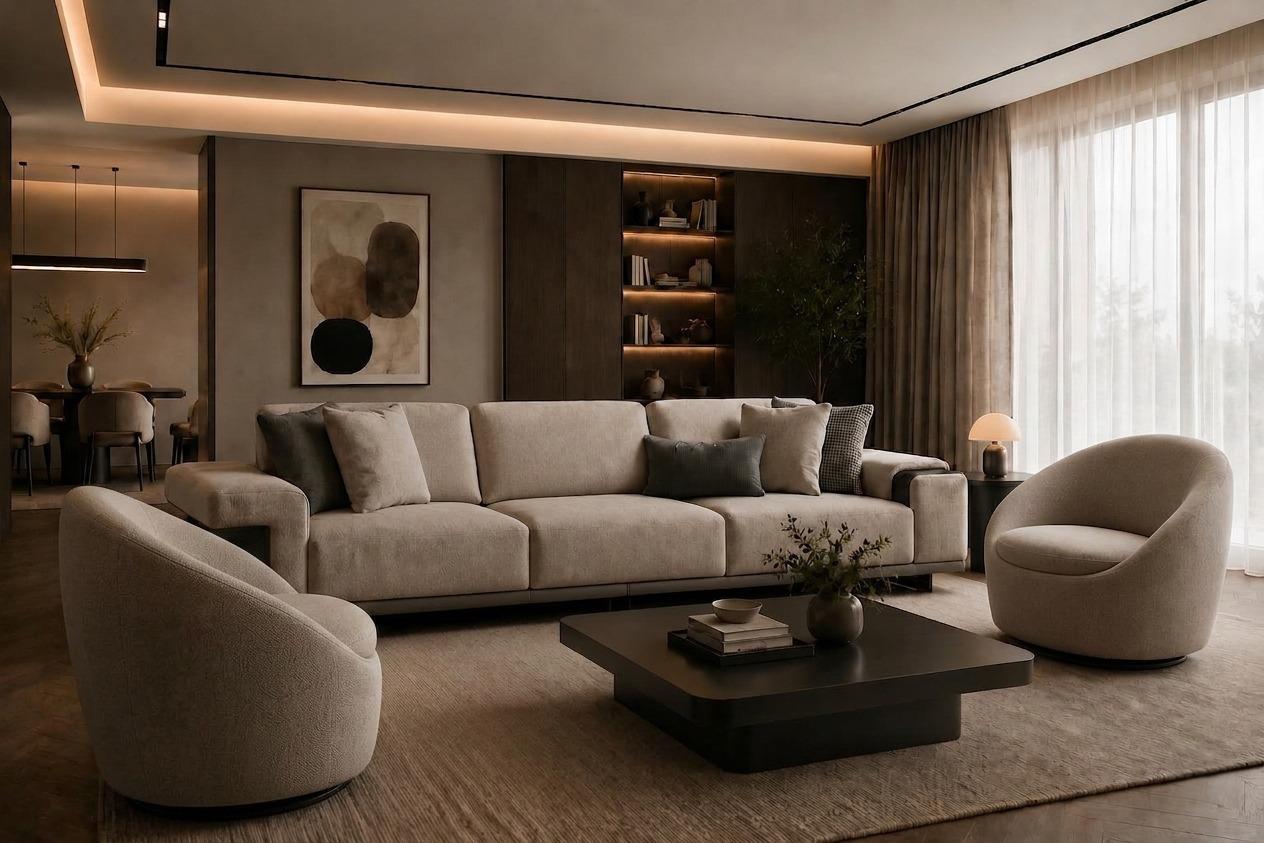 Wohnzimmer Set mit modularem 3-Sitzer und zwei eleganten Sesseln