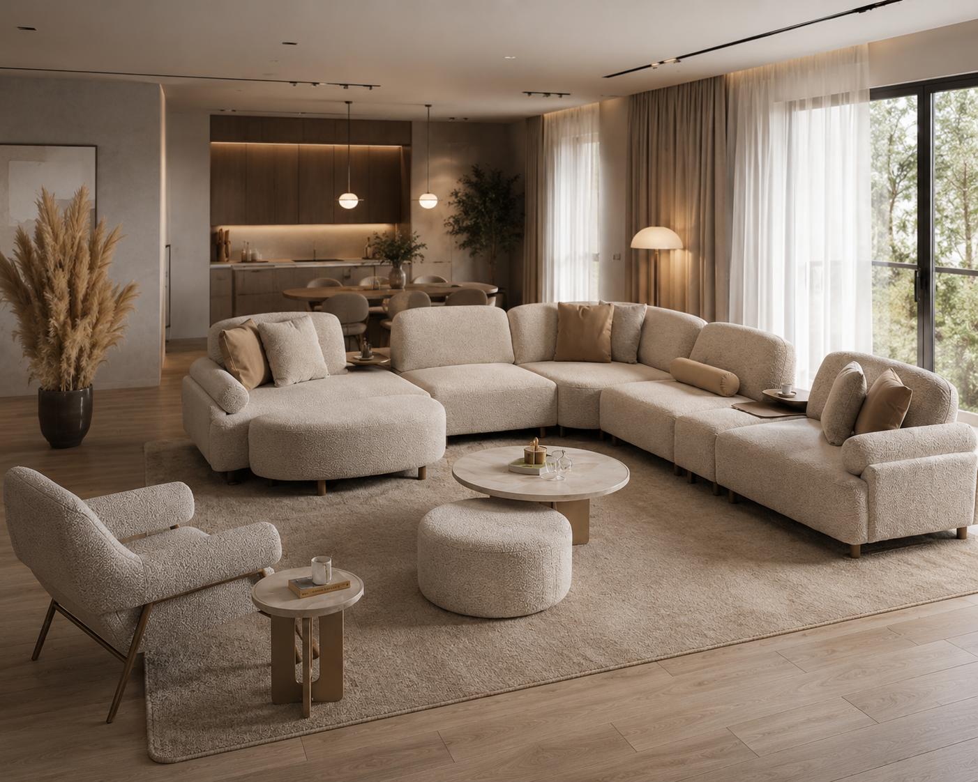 Luxuriöse Beige Sofagarnitur L-Form Couch Sitzhocker Sessel 3tlg