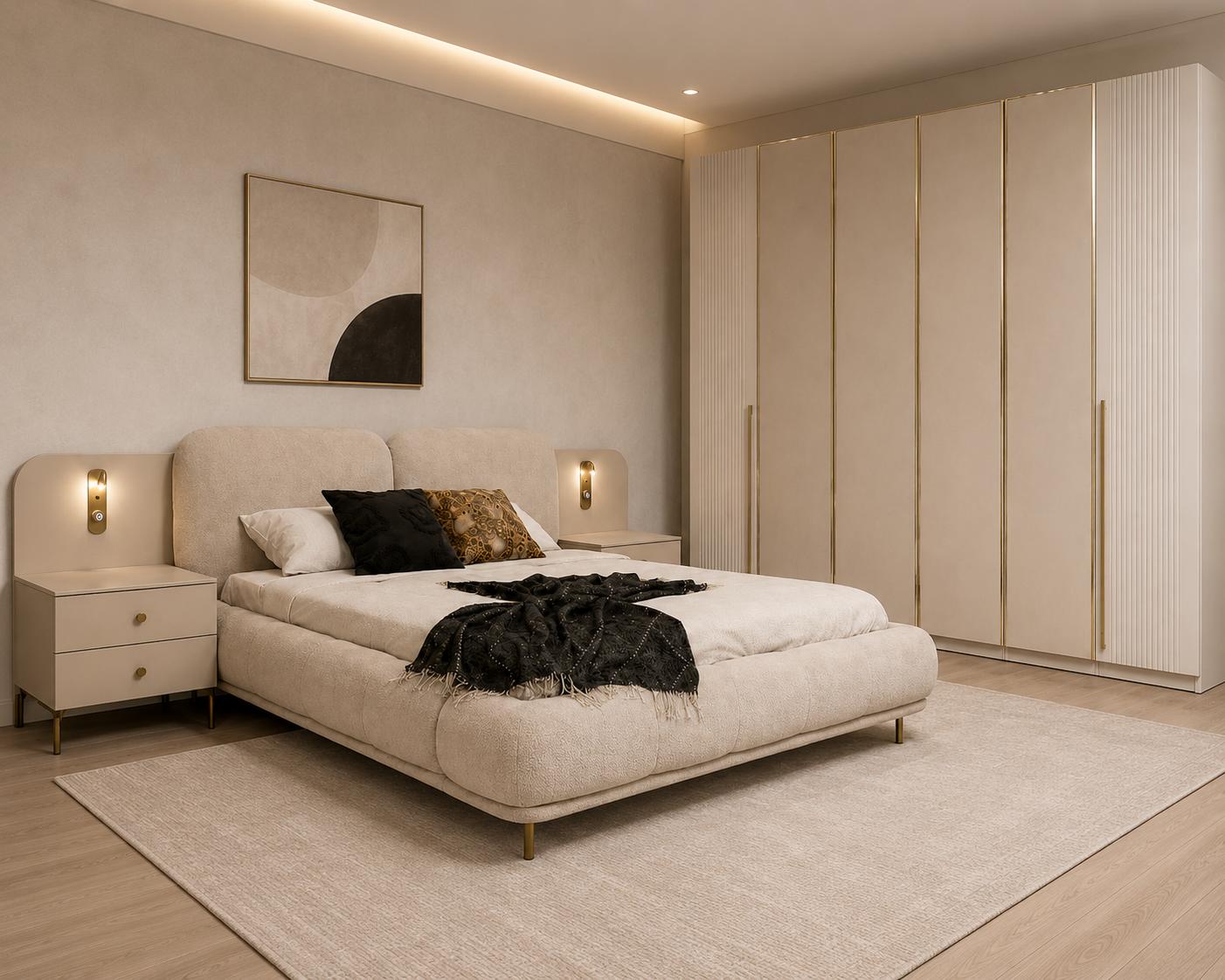 Schlafzimmer Set Bettanlage Kleiderschrank Modern Beige Luxuriös Edel