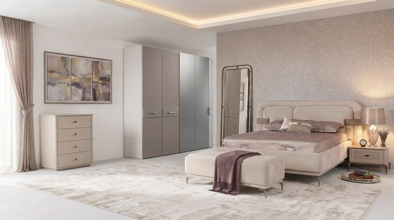 Bett Schrank 2x Nachttisch Kommode Beige Modern Doppelbett